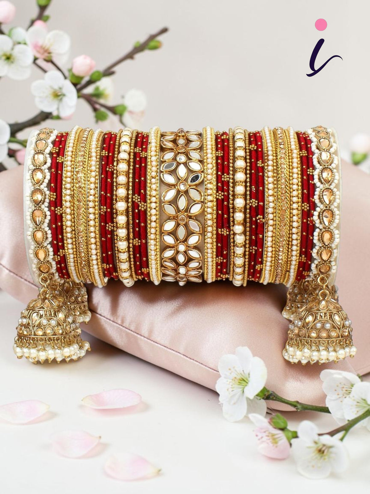 Bridal Thread Bangles Set with Golden Pearl Tassel Latkan and Mirror Kada, Traditional Indian Wedding Jewelry for Women