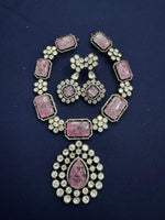 Antique Silver Tone Polki Necklace Kundan Earings Set For Wedding