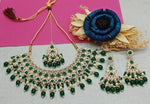Gold Tone Kundan Pearl Choker Necklace Earring Set with Maangtika for Women