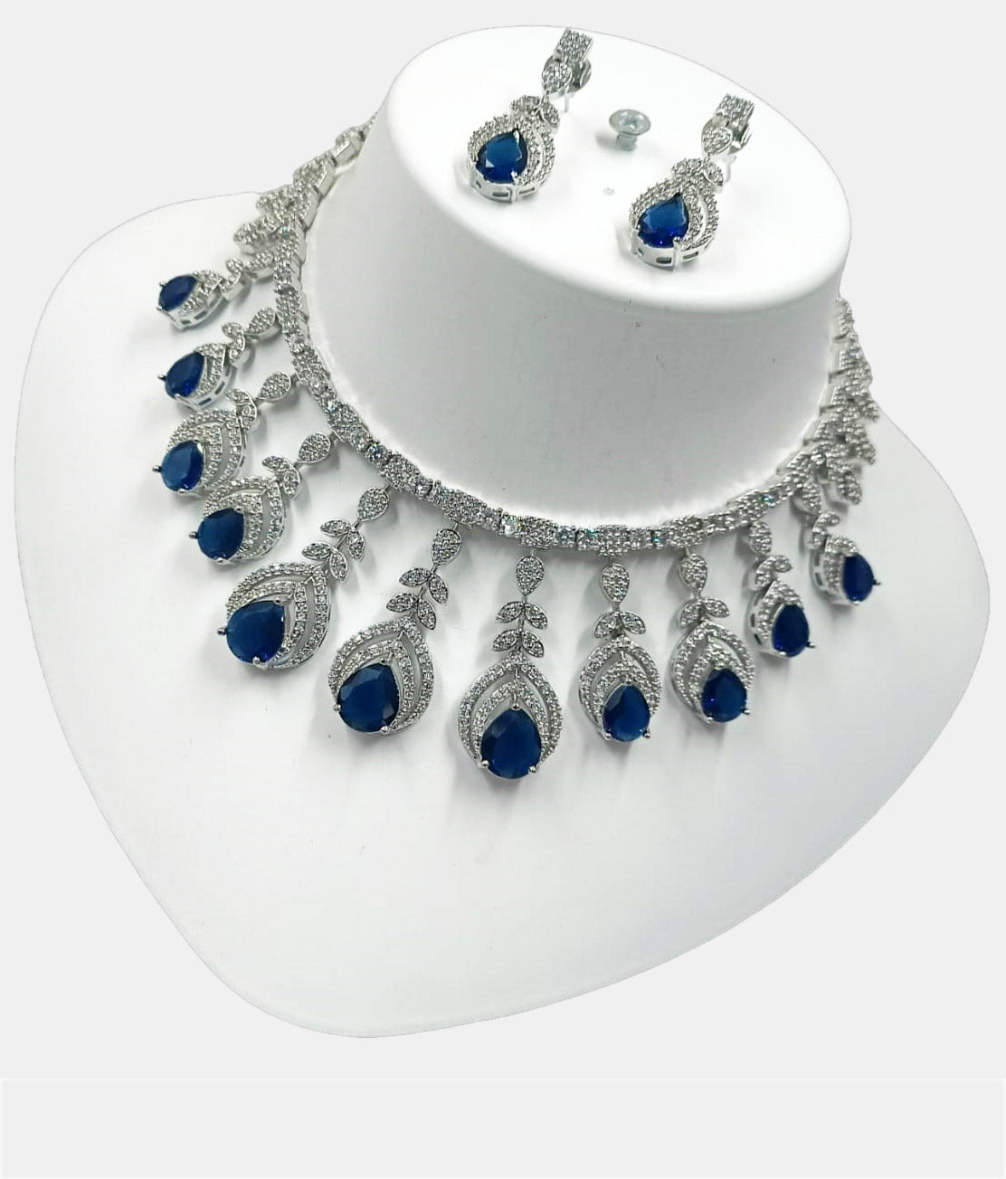 Silver Blue Iconic Bollywood Style Dazzle Necklace Diamond Set with Earrings