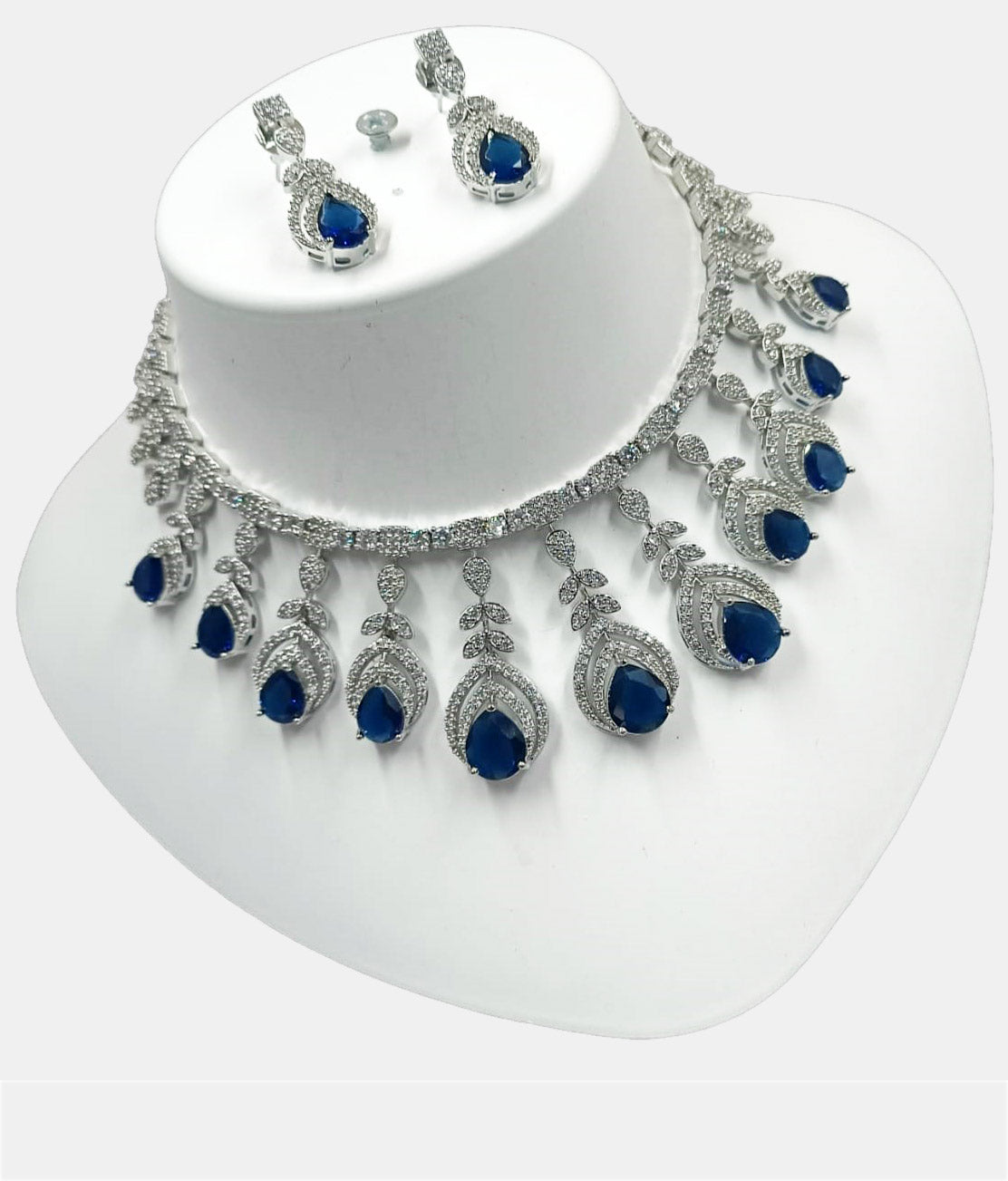 Silver Blue Iconic Bollywood Style Dazzle Necklace Diamond Set with Earrings