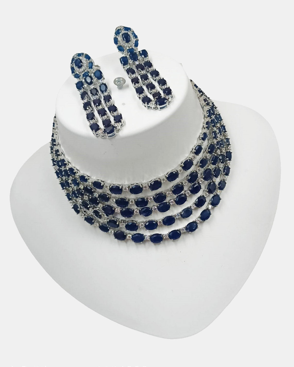 Blue Navy American Diamonds Studded Classic Exception Necklace with Earring Set