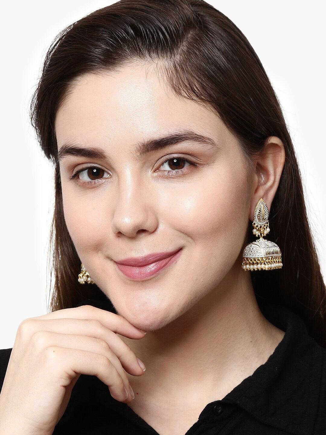 Square Shape Classic Designed Gold Plate Jhumka Earrings For Women And Girls , White Beads Jhumki Earring - Libasaa