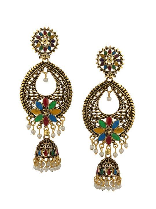 Multicolour Traditional Gold Plated Party Wear Antique Heavy Jhumka Earring For Girls and Women - Libasaa