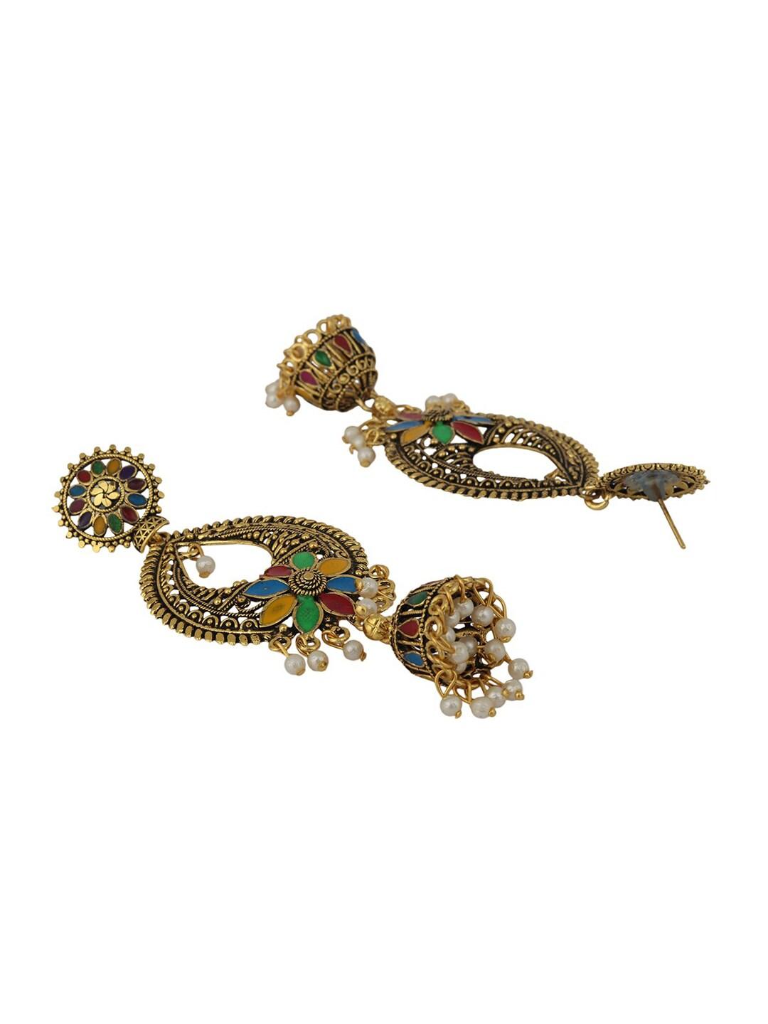 Multicolour Traditional Gold Plated Party Wear Antique Heavy Jhumka Earring For Girls and Women - Libasaa