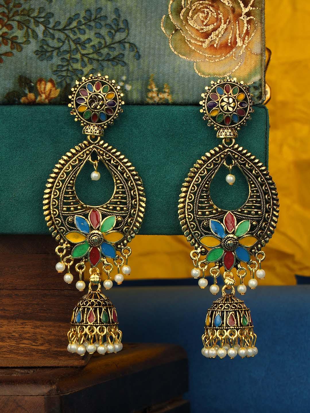 Multicolour Traditional Gold Plated Party Wear Antique Heavy Jhumka Earring For Girls and Women - Libasaa