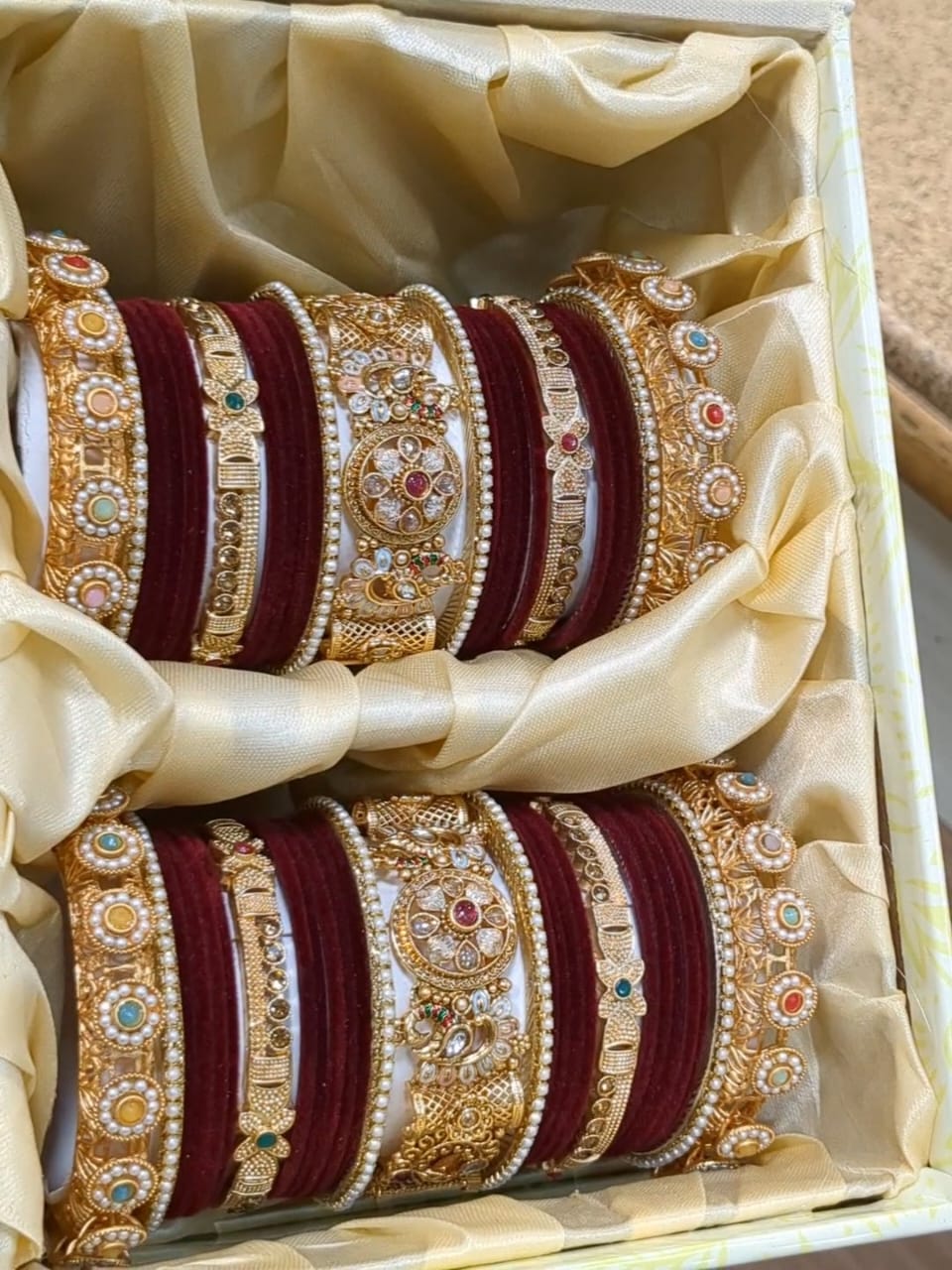 Red Gold Tone Ethnic Floral Bridal Bangle Chura Set For Wedding