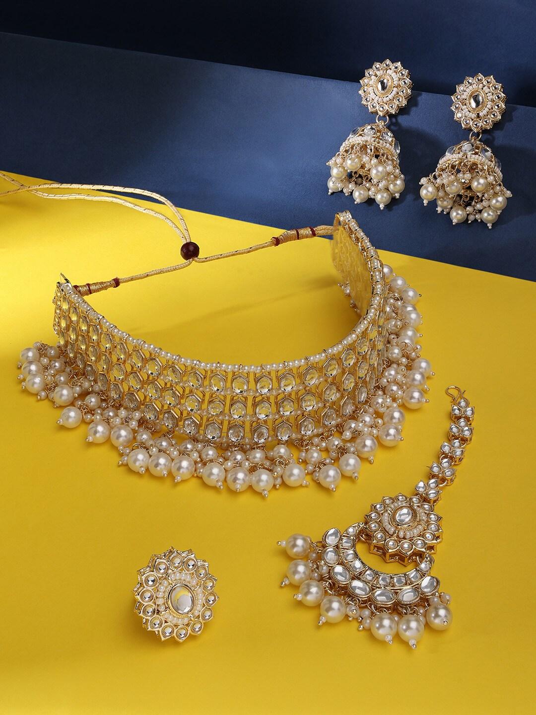 Gold-Plated White Beads Kundan Stone Choker & Pearl Beaded Jewellery Set For Women - Libasaa