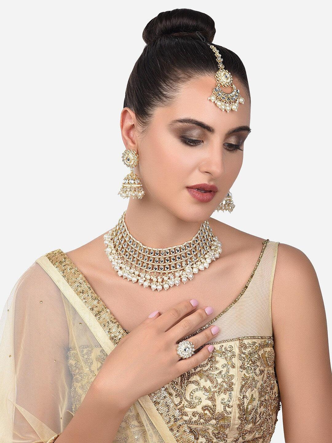 Gold-Plated White Beads Kundan Stone Choker & Pearl Beaded Jewellery Set For Women - Libasaa