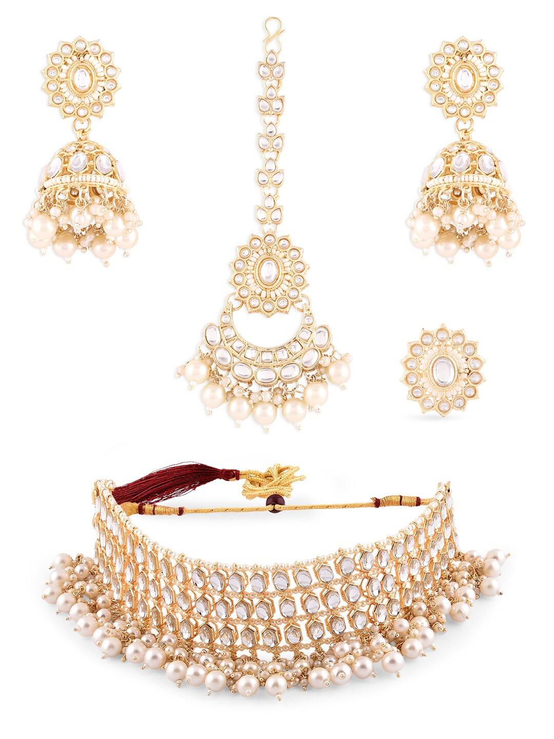 Gold-Plated White Beads Kundan Stone Choker & Pearl Beaded Jewellery Set For Women - Libasaa