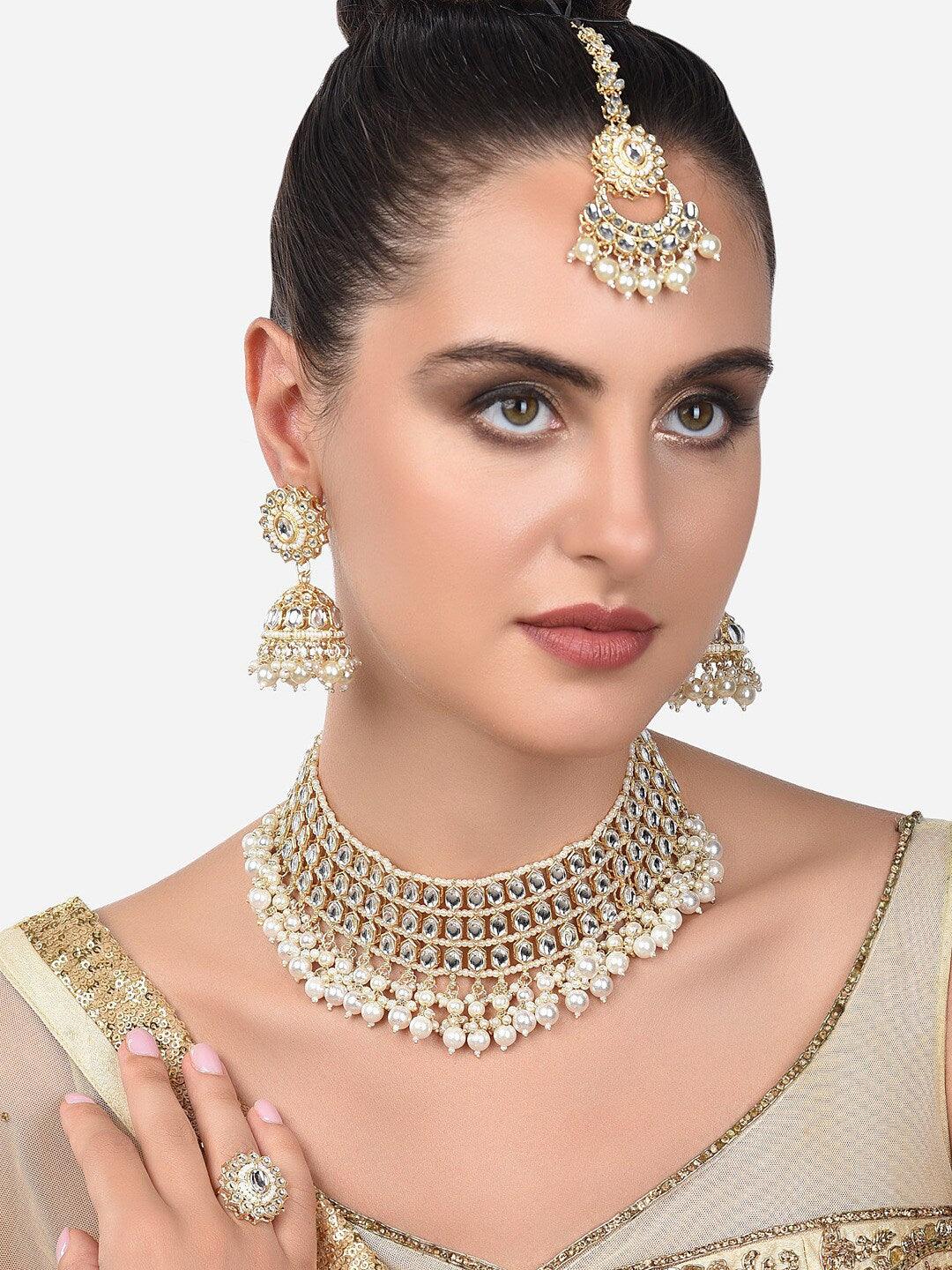 Gold-Plated White Beads Kundan Stone Choker & Pearl Beaded Jewellery Set For Women - Libasaa