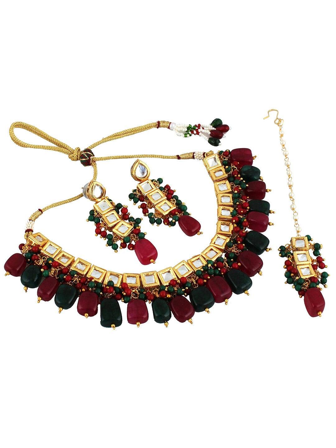 Gold-Plated White & Green Kundan-Studded & Beaded Jewellery Set - Libasaa