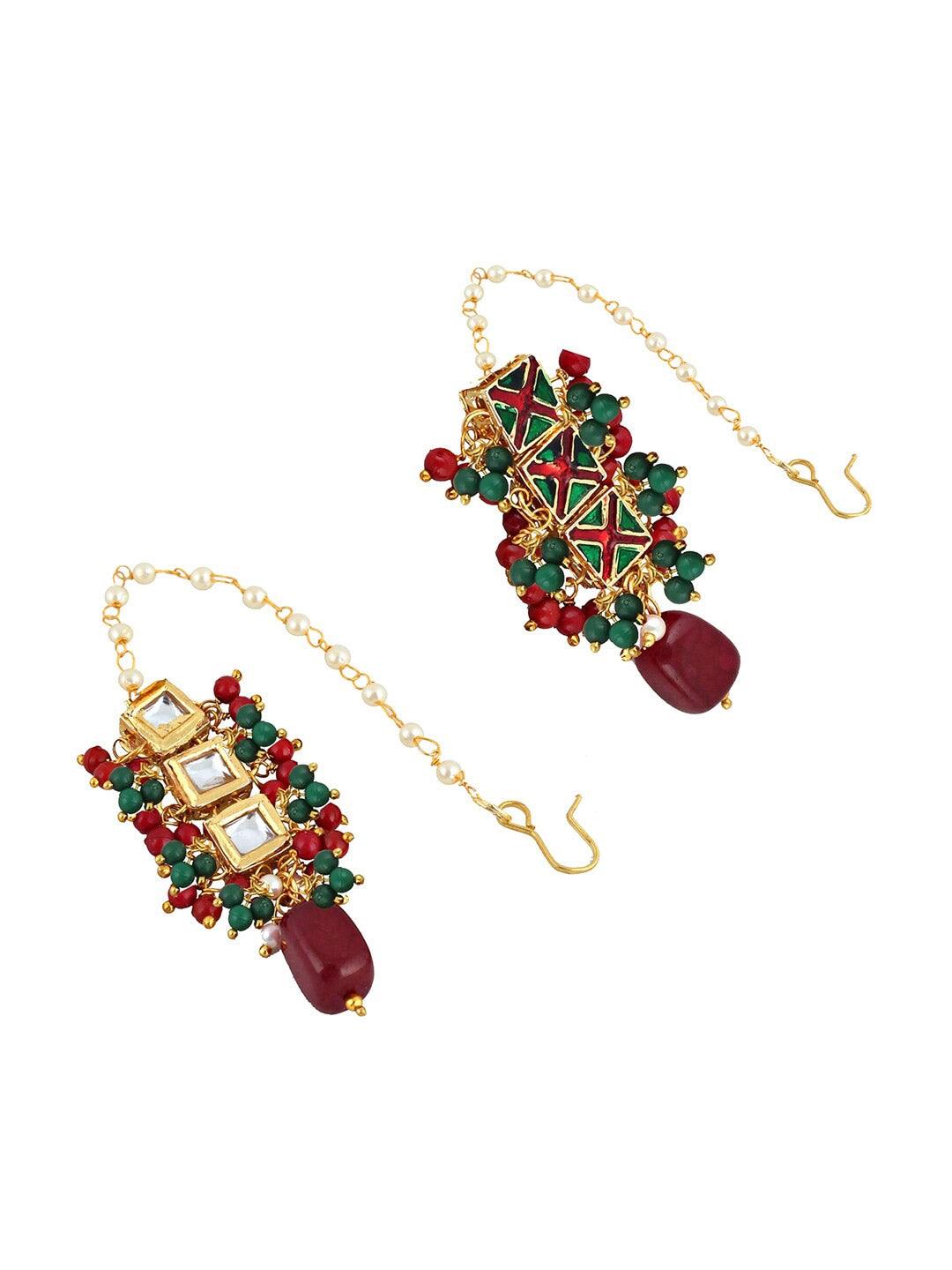 Gold-Plated White & Green Kundan-Studded & Beaded Jewellery Set - Libasaa