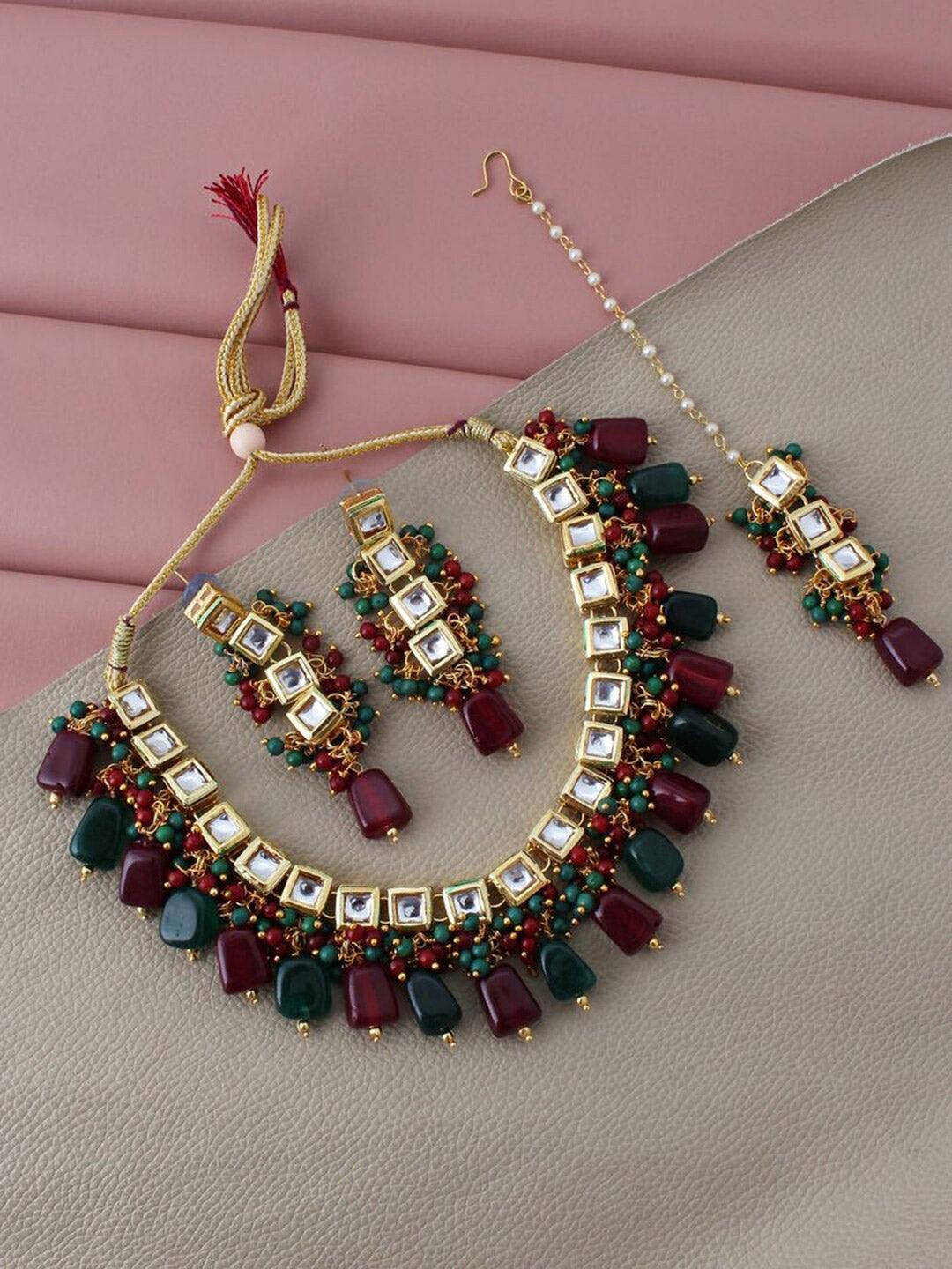 Gold-Plated White & Green Kundan-Studded & Beaded Jewellery Set - Libasaa