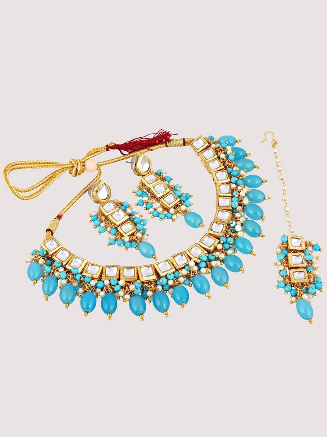 Gold-Plated White & Turquoise Blue Kundan-Studded & Beaded Jewellery Set - Libasaa