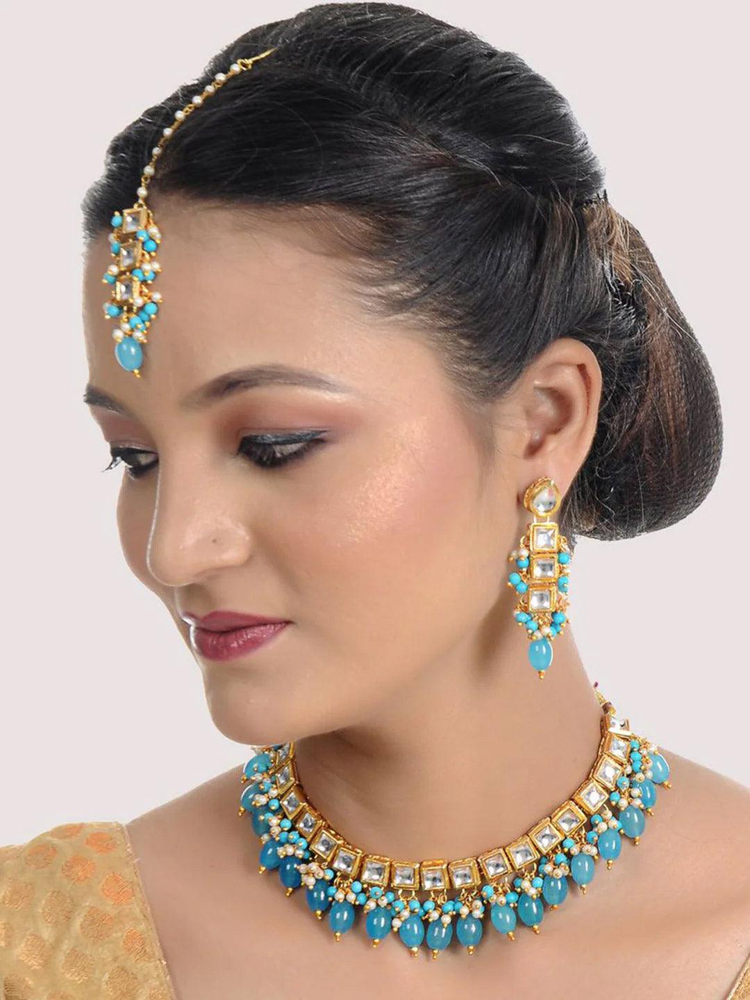 Gold-Plated White & Turquoise Blue Kundan-Studded & Beaded Jewellery Set - Libasaa