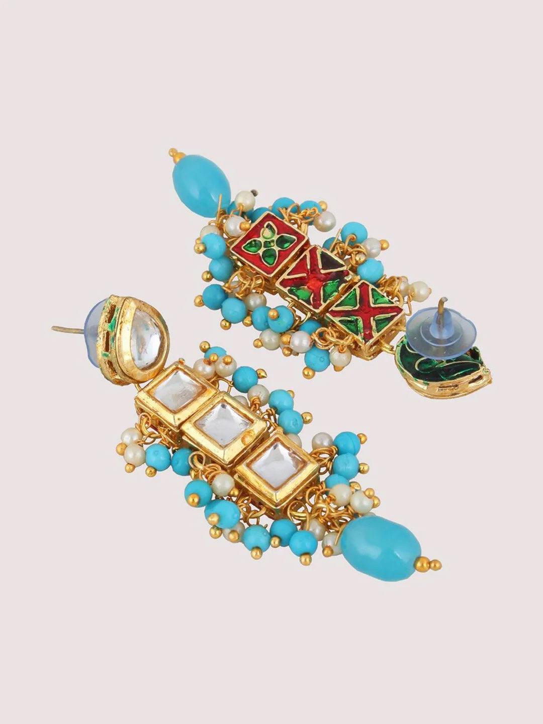 Gold-Plated White & Turquoise Blue Kundan-Studded & Beaded Jewellery Set - Libasaa