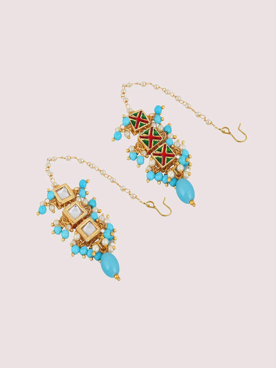 Gold-Plated White & Turquoise Blue Kundan-Studded & Beaded Jewellery Set - Libasaa