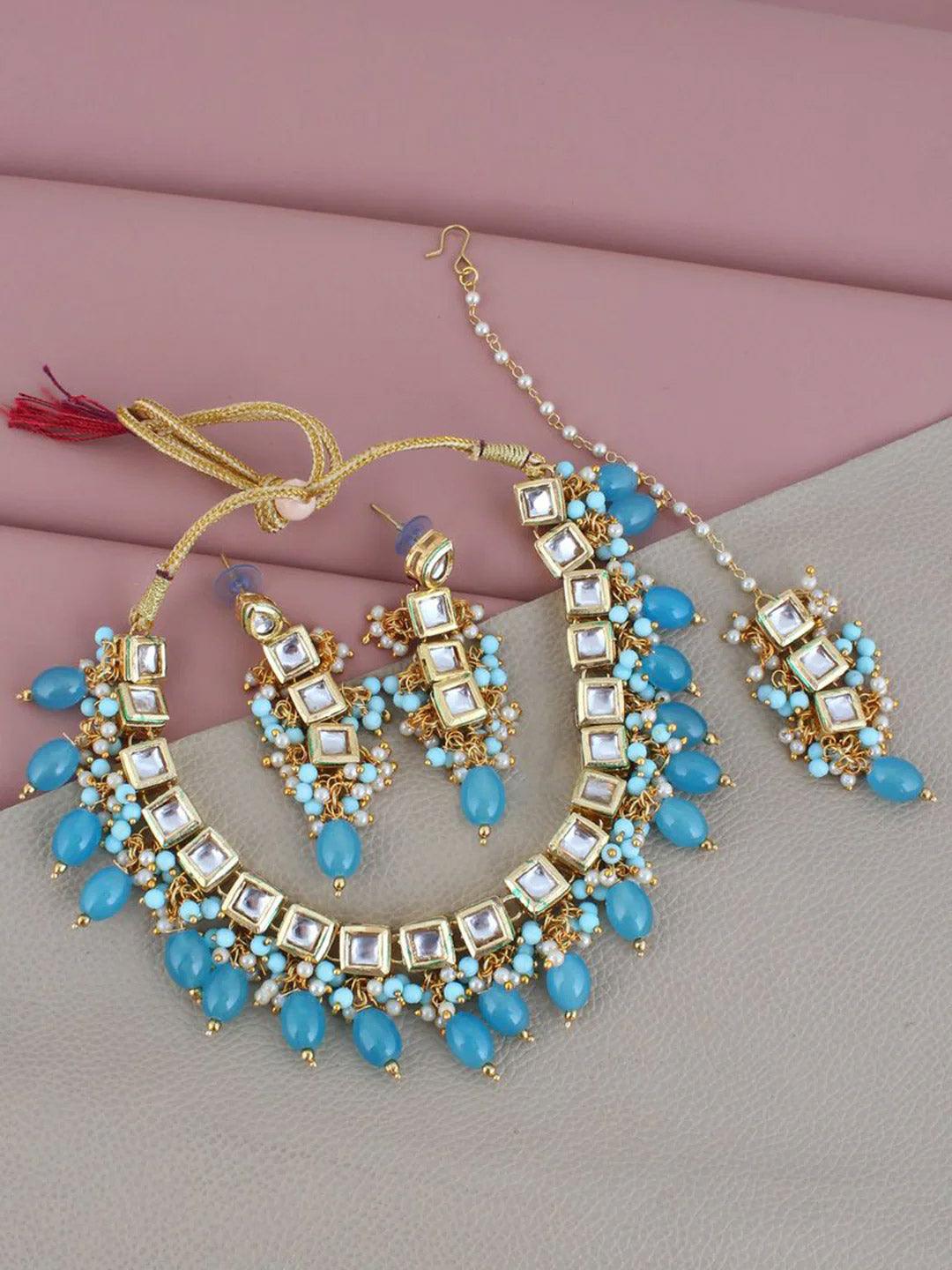 Gold-Plated White & Turquoise Blue Kundan-Studded & Beaded Jewellery Set - Libasaa