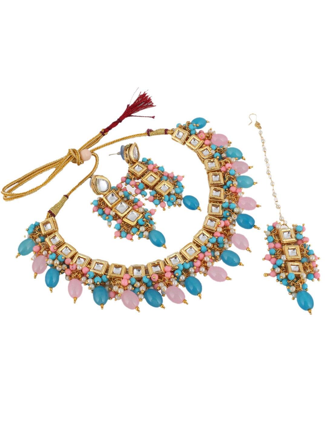 Gold-Plated Pink & Blue Kundan-Studded & Beaded Jewellery Set - Libasaa