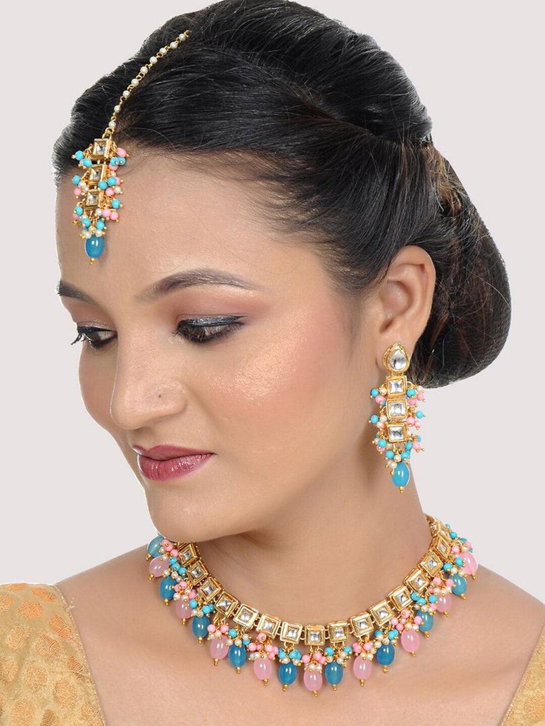 Gold-Plated Pink & Blue Kundan-Studded & Beaded Jewellery Set - Libasaa