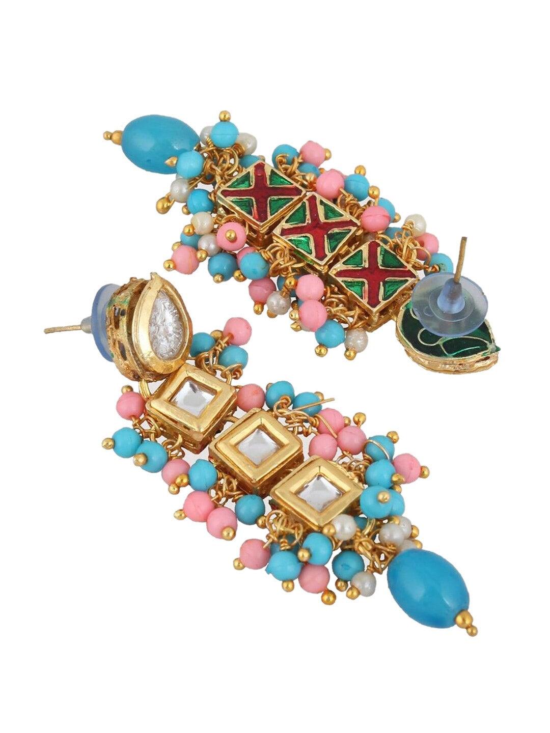 Gold-Plated Pink & Blue Kundan-Studded & Beaded Jewellery Set - Libasaa