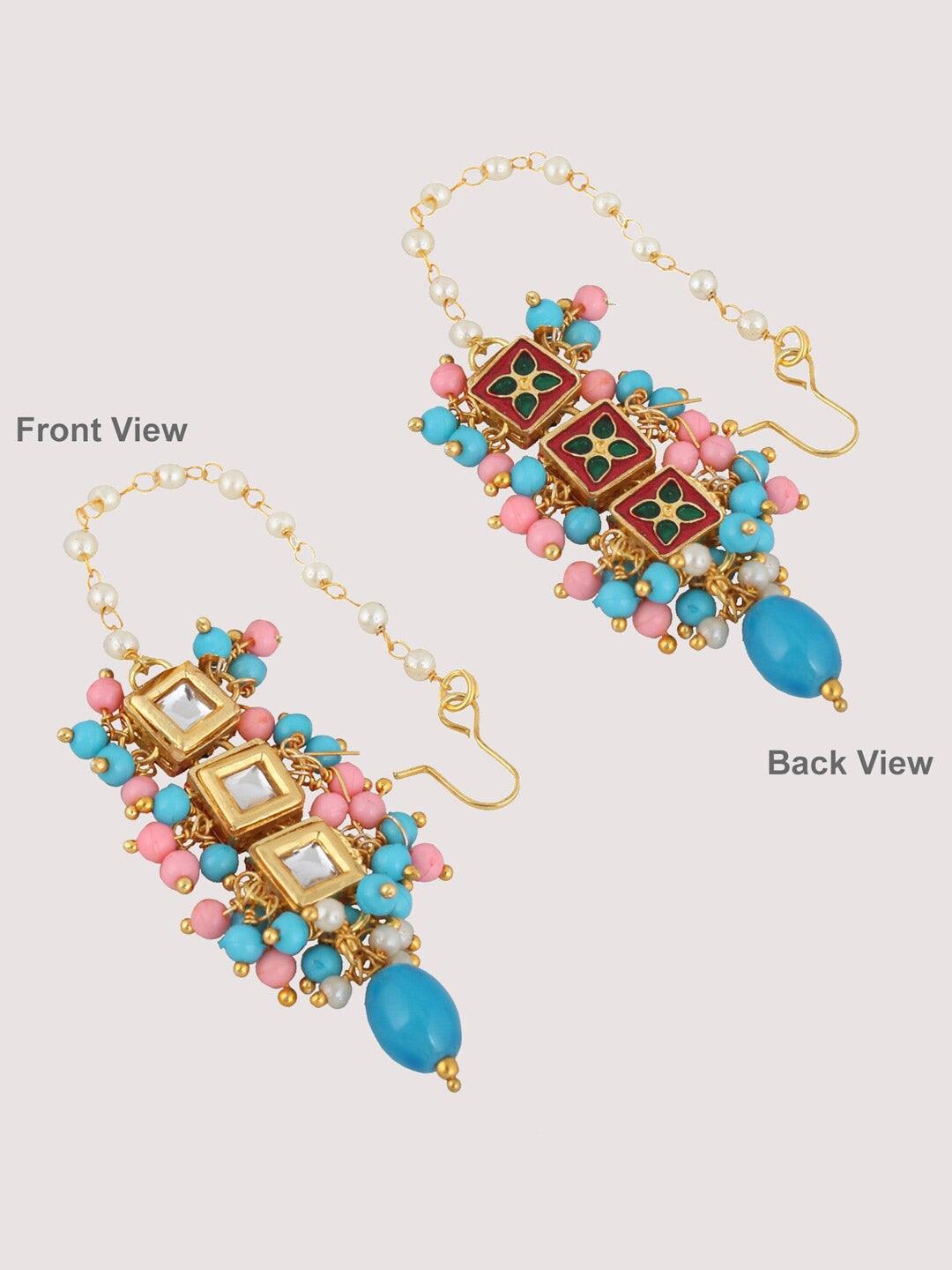 Gold-Plated Pink & Blue Kundan-Studded & Beaded Jewellery Set - Libasaa