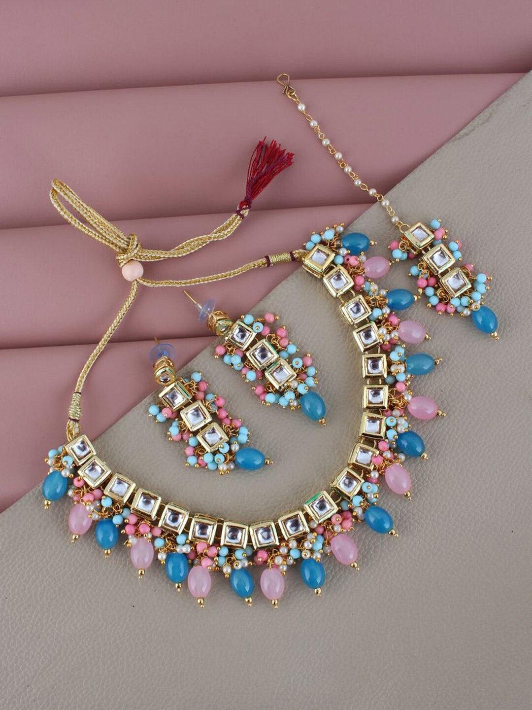 Gold-Plated Pink & Blue Kundan-Studded & Beaded Jewellery Set - Libasaa