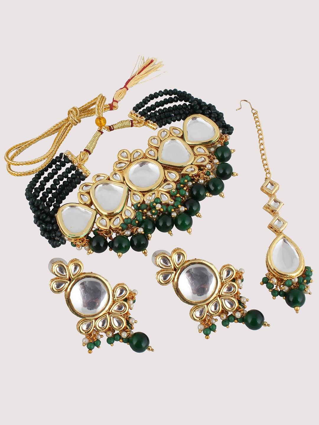 Gold-Plated White & Dark Green Kundan Studded & Beaded Jewellery Set - Libasaa