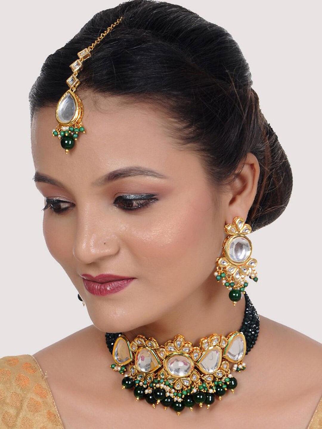 Gold-Plated White & Dark Green Kundan Studded & Beaded Jewellery Set - Libasaa