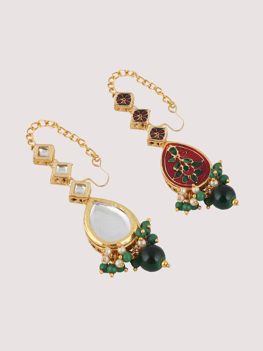 Gold-Plated White & Dark Green Kundan Studded & Beaded Jewellery Set - Libasaa