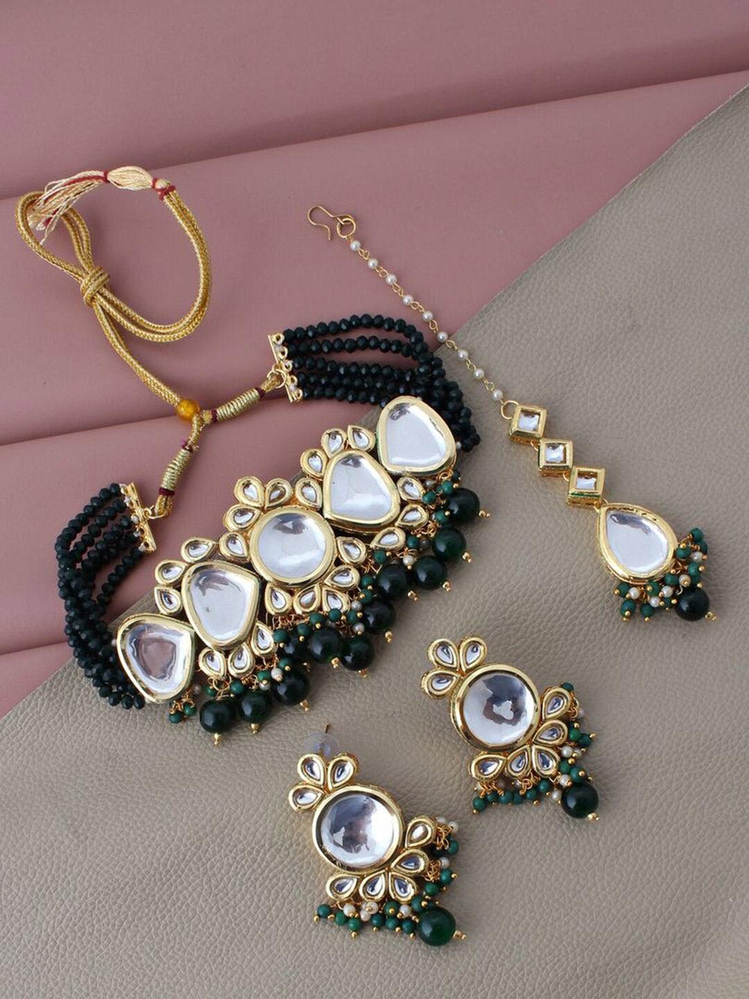 Gold-Plated White & Dark Green Kundan Studded & Beaded Jewellery Set - Libasaa