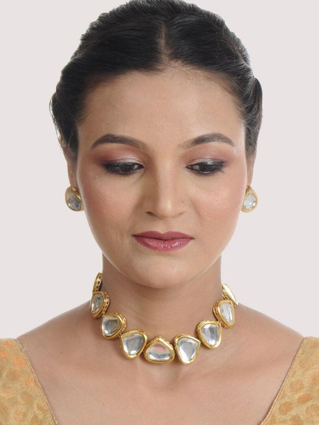 Gold-Plated White Kundan Studded Jewellery Set - Libasaa