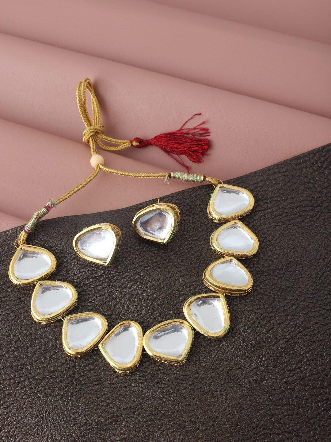 Gold-Plated White Kundan Studded Jewellery Set - Libasaa