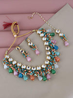 White & Green Kundan Studded & Beaded 18K Gold Plated Handcrafted Jewellery Set - Libasaa