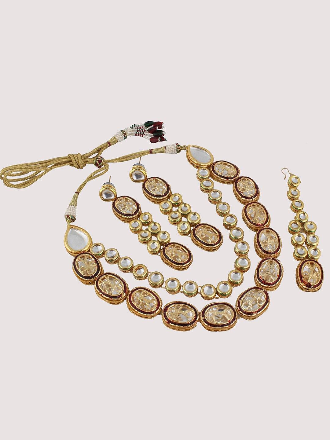 Maroon Gold-Plated Kundan Studded & Beaded Handcrafted Jewellery Set - Libasaa