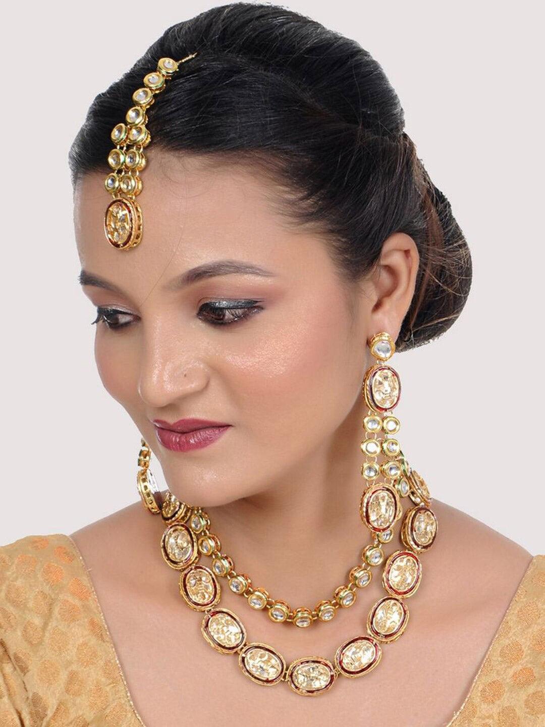 Maroon Gold-Plated Kundan Studded & Beaded Handcrafted Jewellery Set - Libasaa