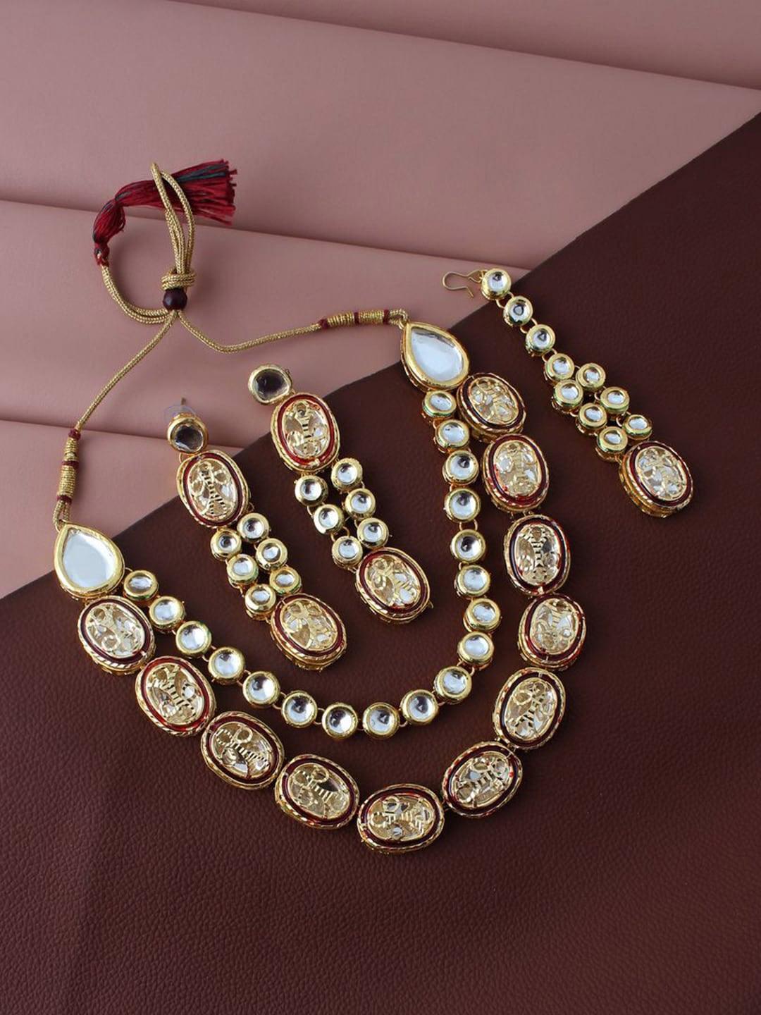 Maroon Gold-Plated Kundan Studded & Beaded Handcrafted Jewellery Set - Libasaa