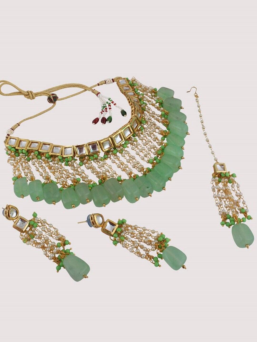 Green Kundan Studded Gold-plated Green Jewellery Set - Libasaa