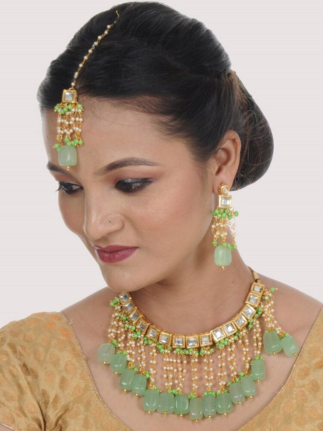 Green Kundan Studded Gold-plated Green Jewellery Set - Libasaa