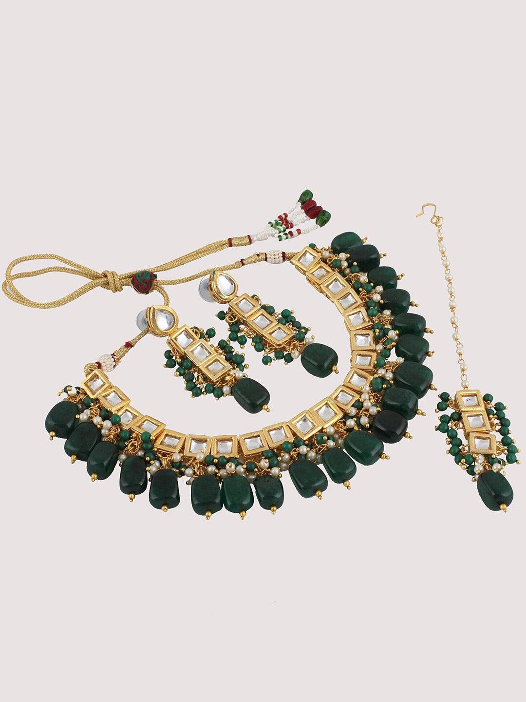 Green Gold-Plated Kundan-Studded & Beaded Jewellery Set - Libasaa