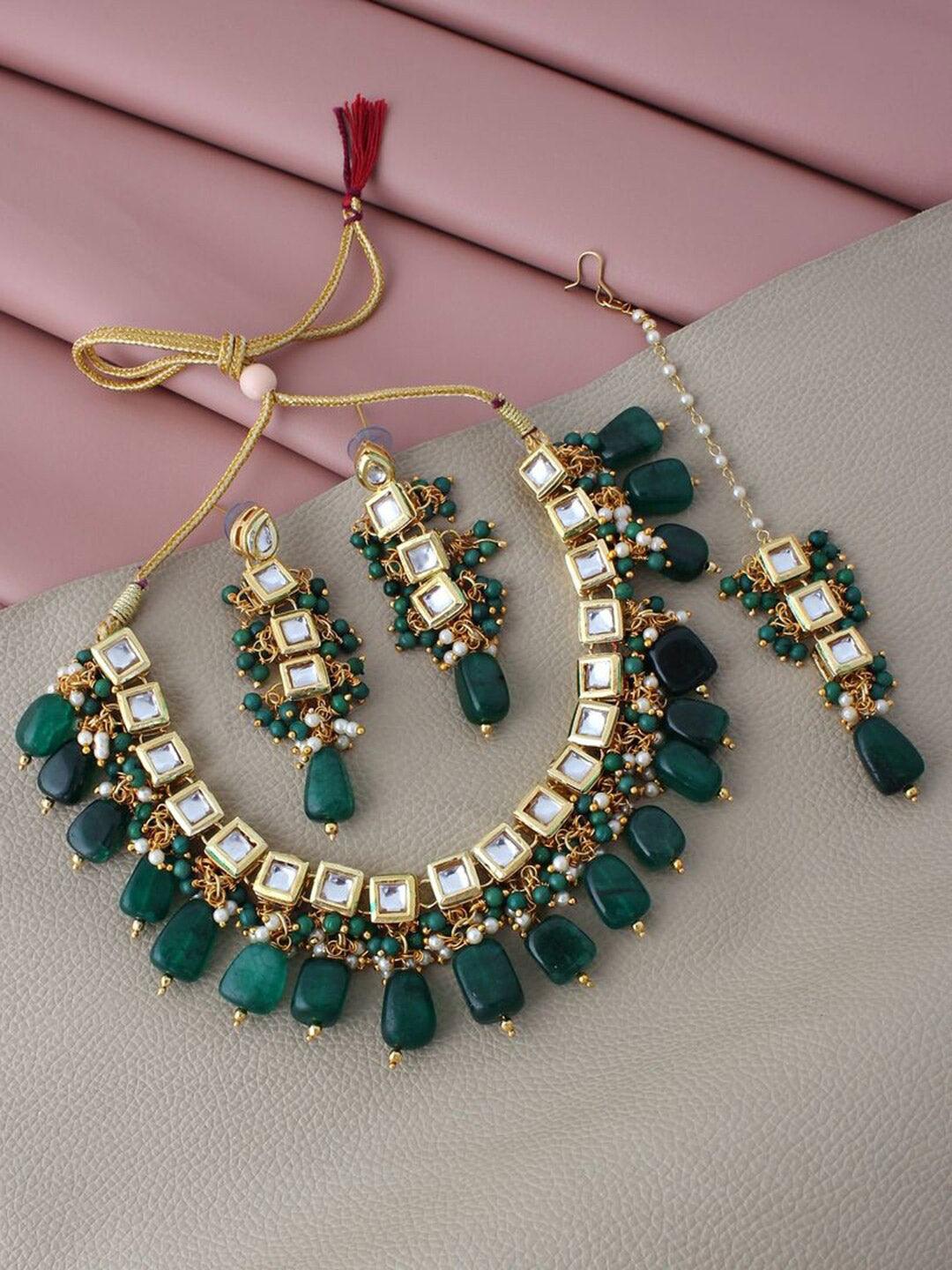 Green Gold-Plated Kundan-Studded & Beaded Jewellery Set - Libasaa