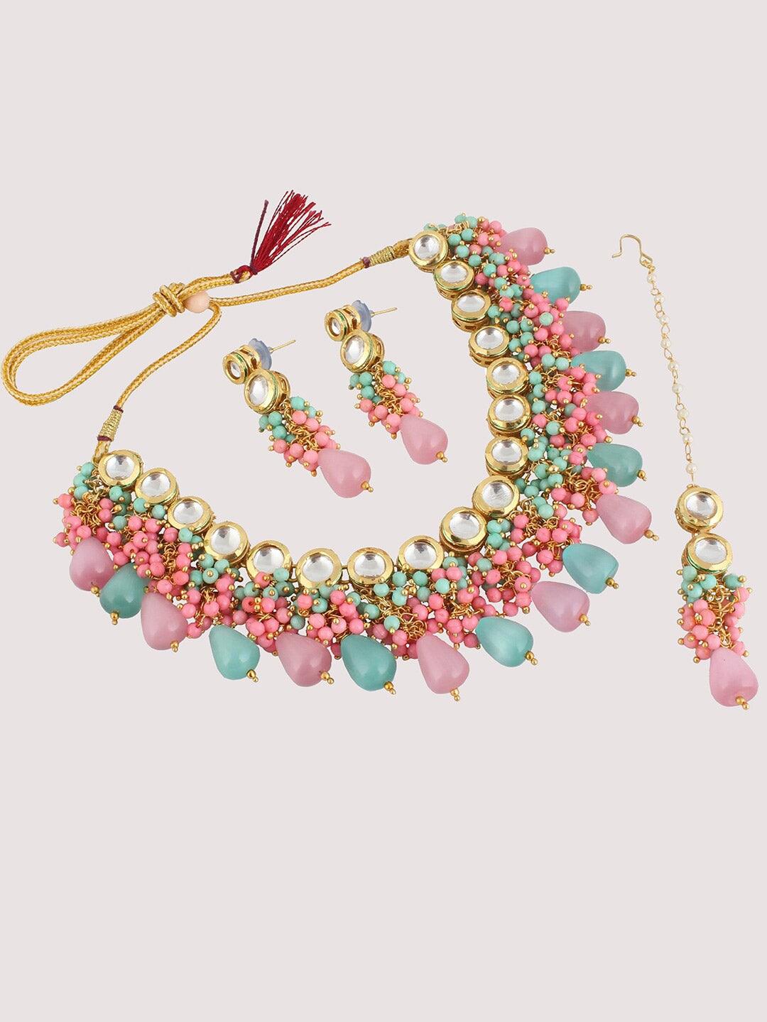 Multicoloured 18K Gold-Plated Kundan-Studded & Pearl Beaded Jewellery Set - Libasaa