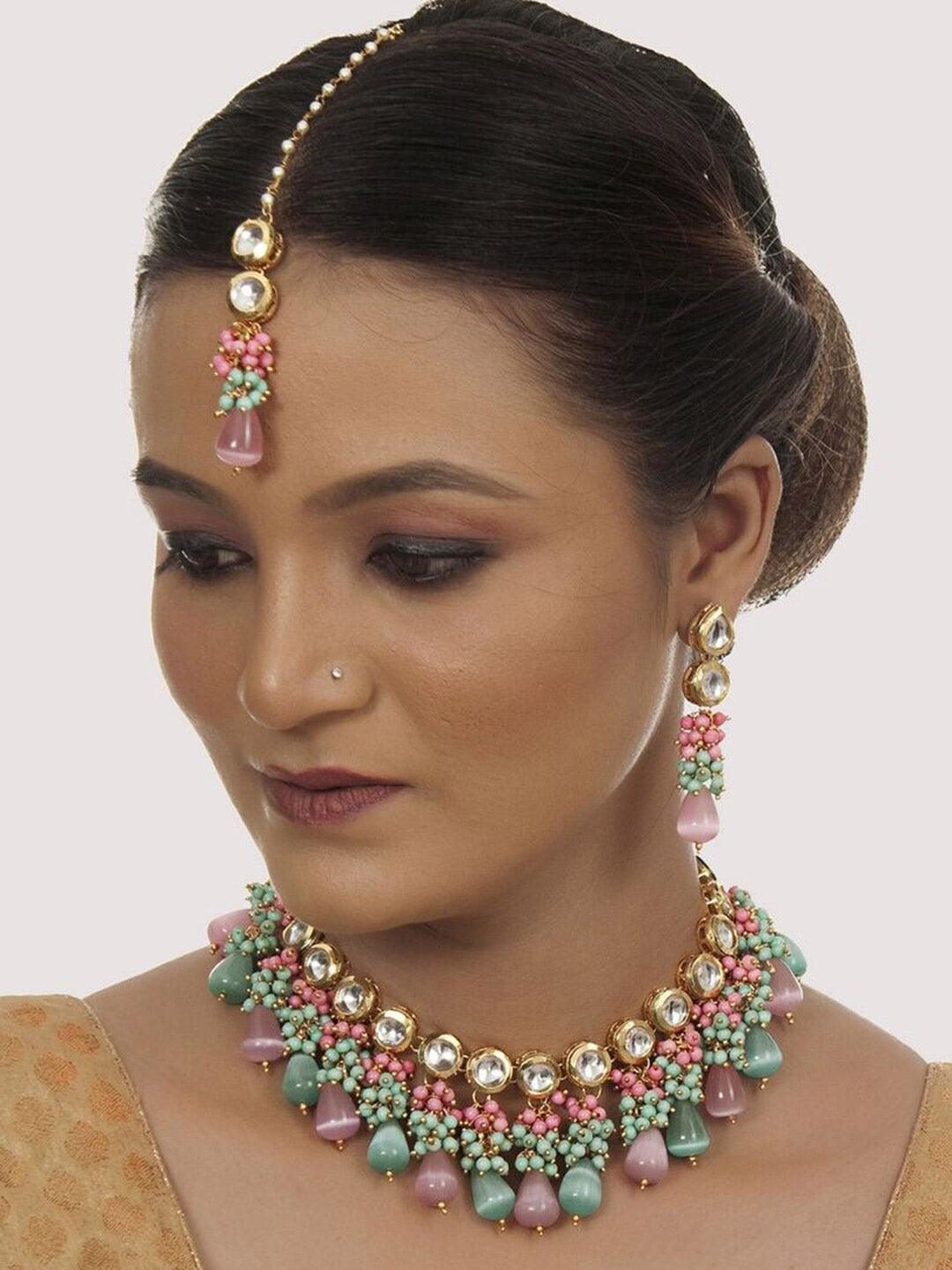 Multicoloured 18K Gold-Plated Kundan-Studded & Pearl Beaded Jewellery Set - Libasaa