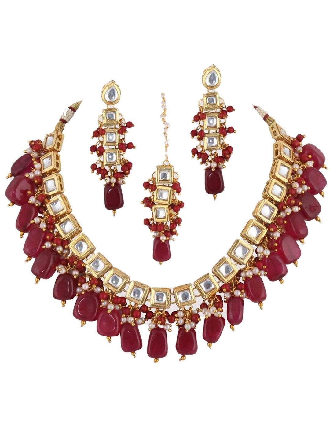 Maroon Gold-Plated Kundan Studded Jewellery Set - Libasaa