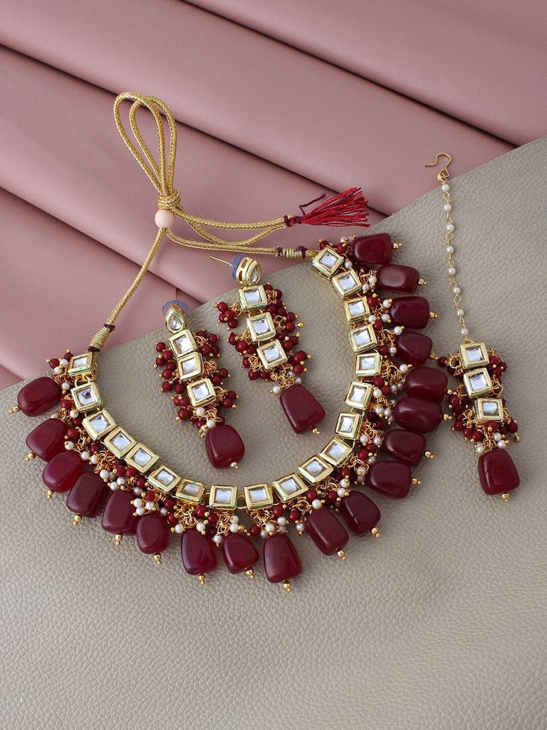 Maroon Gold-Plated Kundan Studded Jewellery Set - Libasaa