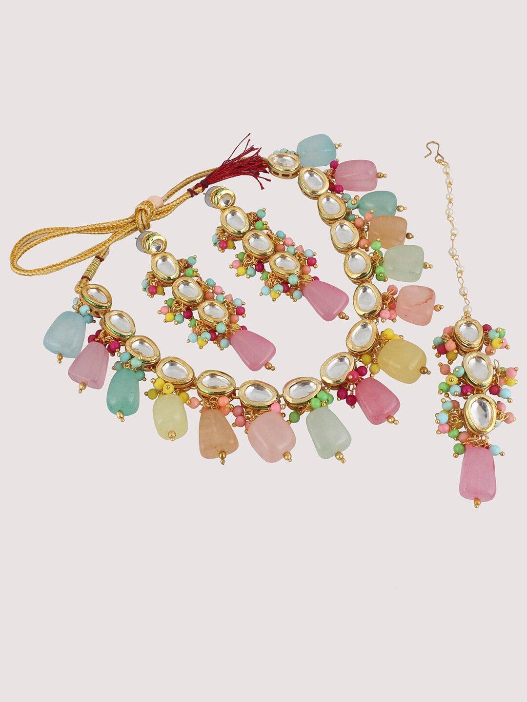 Multi-Coloured Gold-Plated Kundan-Studded Jewellery Set - Libasaa