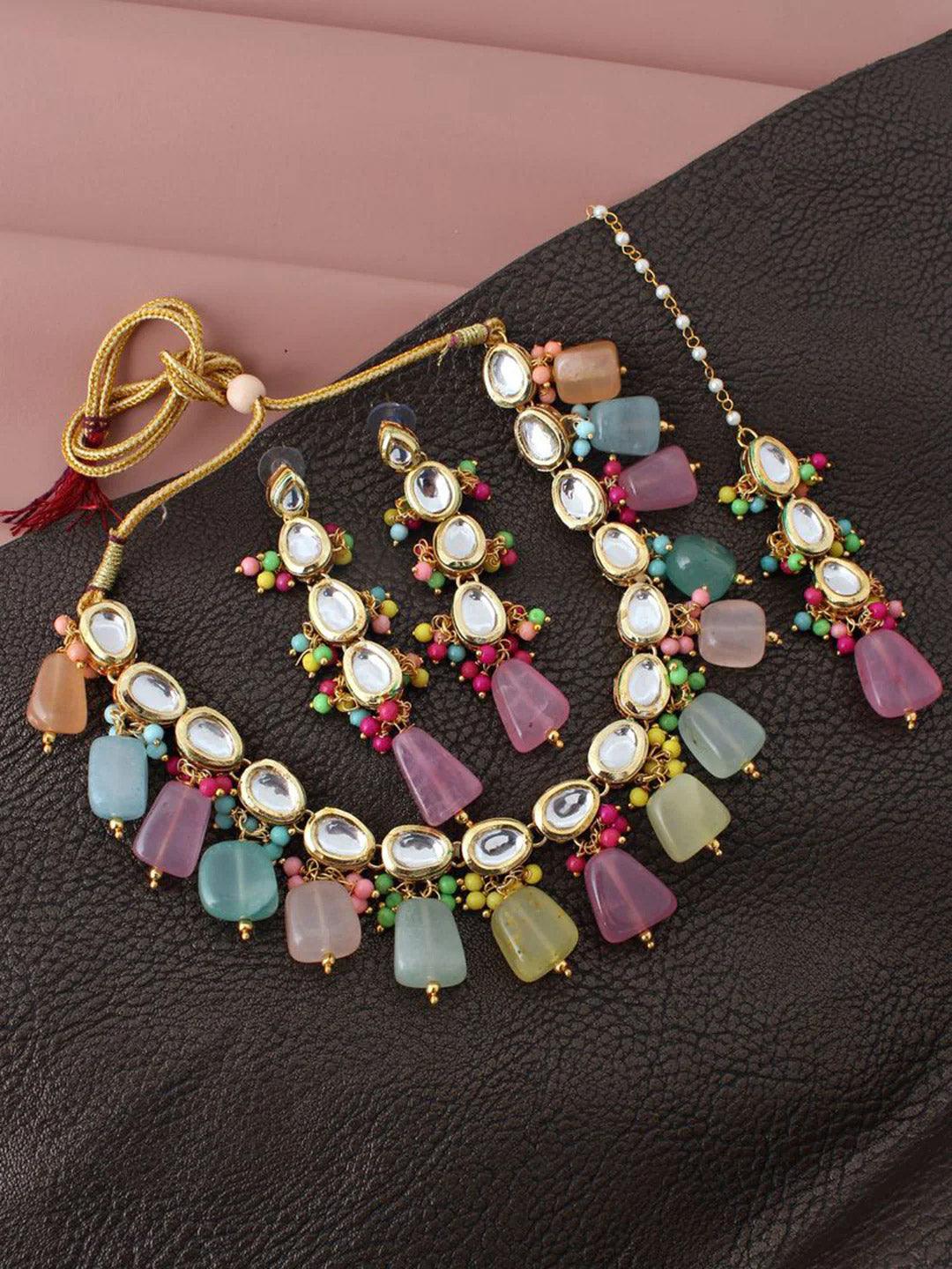 Multi-Coloured Gold-Plated Kundan-Studded Jewellery Set - Libasaa