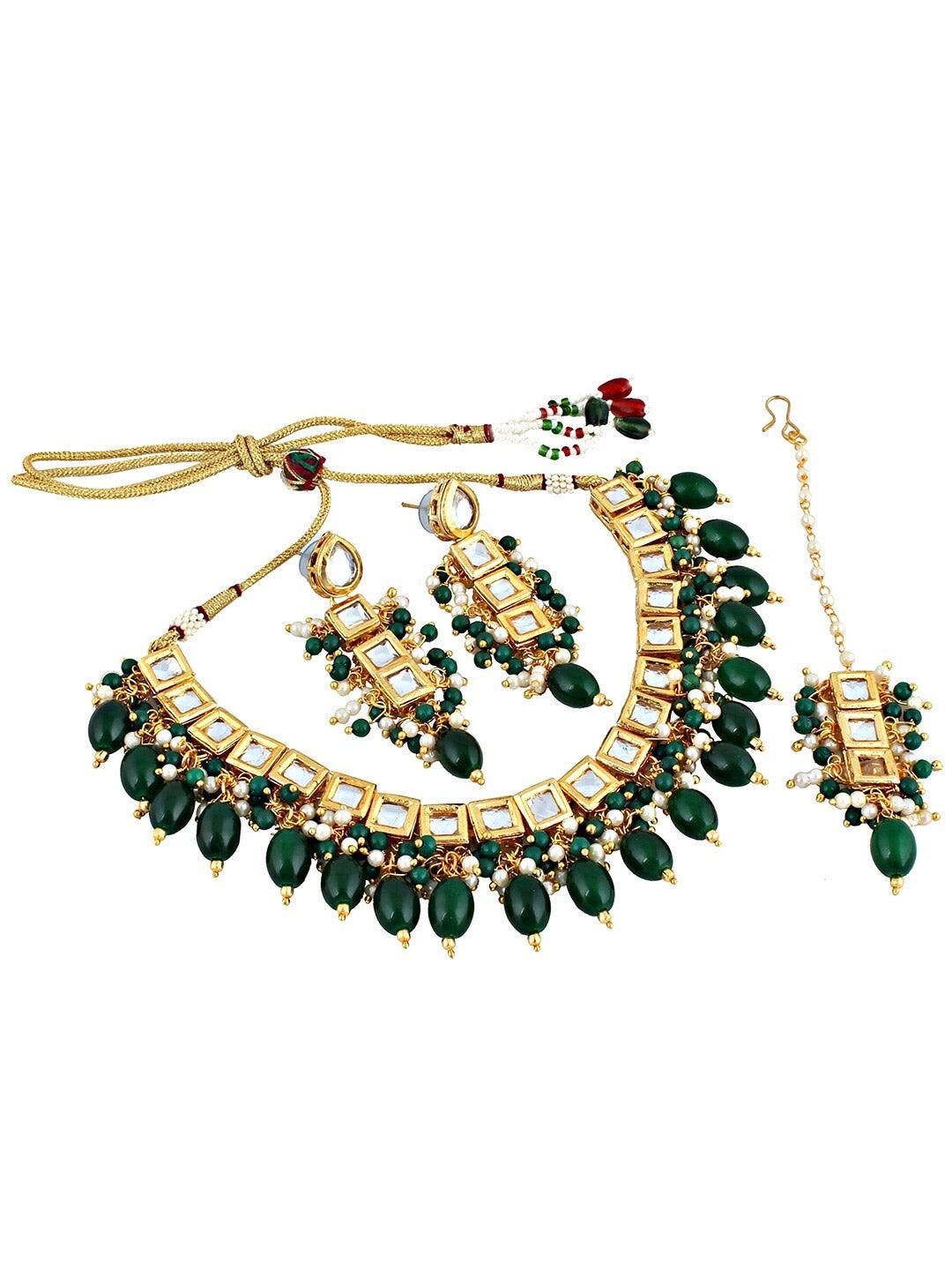 Green Gold-Plated Kundan Studded Jewellery Set - Libasaa