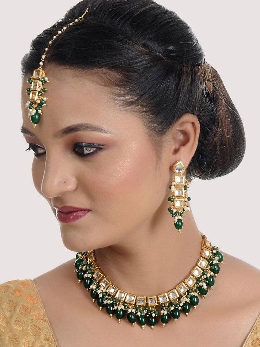 Green Gold-Plated Kundan Studded Jewellery Set - Libasaa